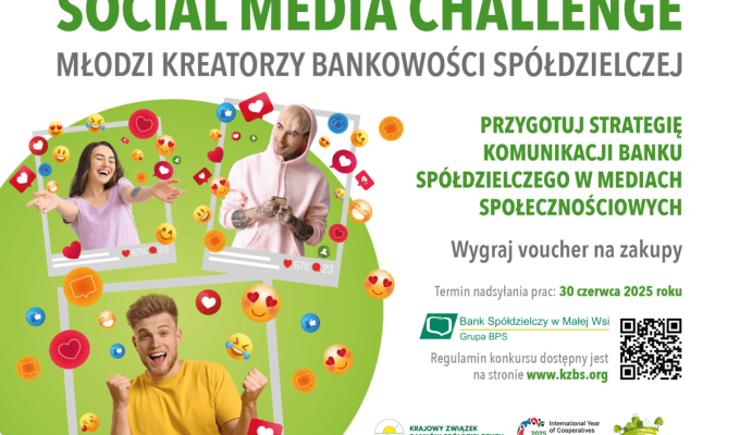 Baner Social Media Challenge przedstawiający trzy osoby z social mediowymi emotkami w tle