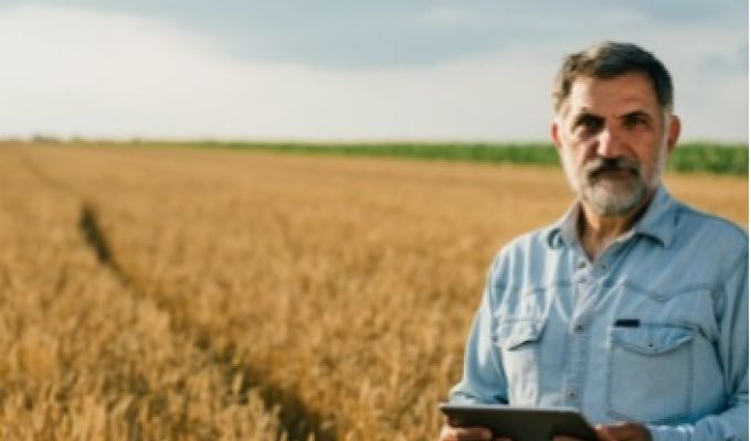 Starszy mężczyzna w niebieskiej koszuli na tle pola