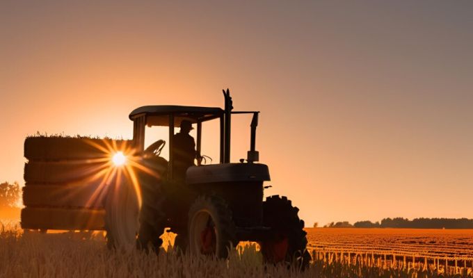 Traktor na polu o zachodzie słońca